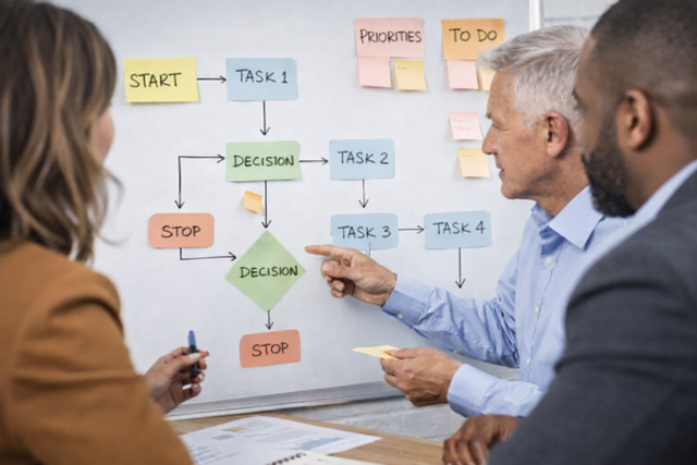 Business leaders reviewing a workflow as part of disciplined execution in growth planning.