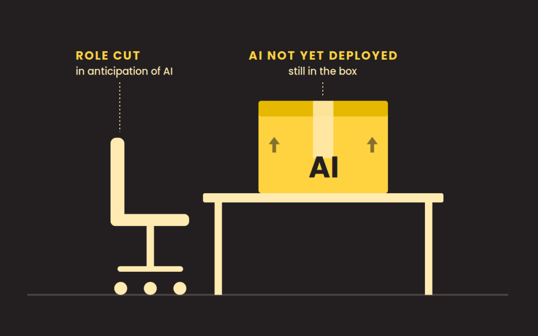 Empty office chair labeled role cut beside a desk holding a sealed box labeled AI not yet deployed