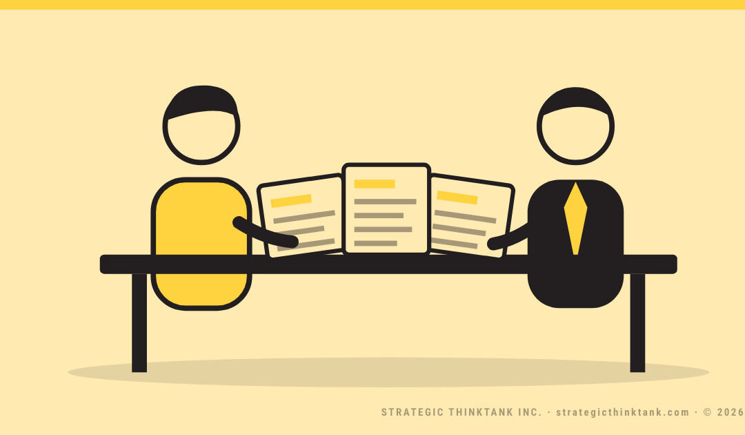 Illustration of a business owner and a lender seated across a table with three documents laid out between them